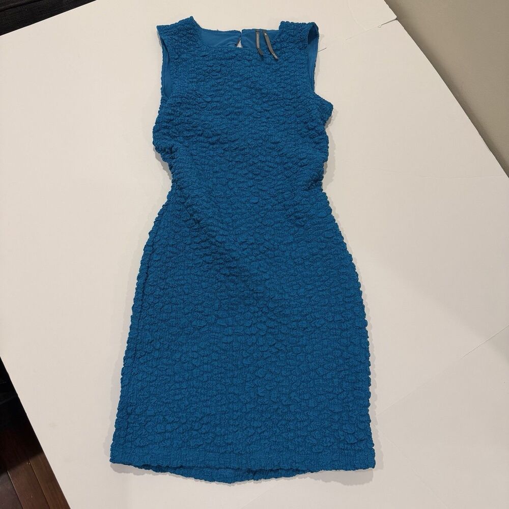 Anthropologie XSP Petite Blue Textured Mini Dress Sleeveless Fitted Ruched Knit